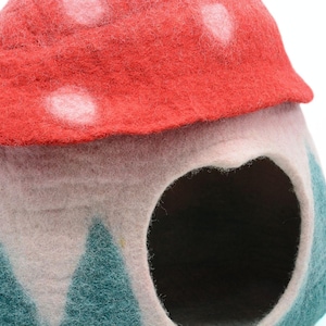 May include: A felt mushroom-shaped pet bed with a red top and white polka dots. The bottom is pink with a green tree design.