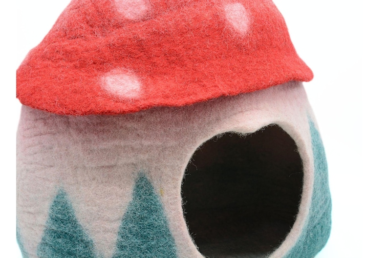 May include: A felt mushroom-shaped pet bed with a red top and white polka dots. The bottom is pink with a green tree design.