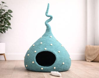 Handmade, Eco-friendly Wool Cat Bed| Cozy, Comfortable Hideaway for your Pet | Felt Cat House, Aesthetic Design| Safe Pet Bed