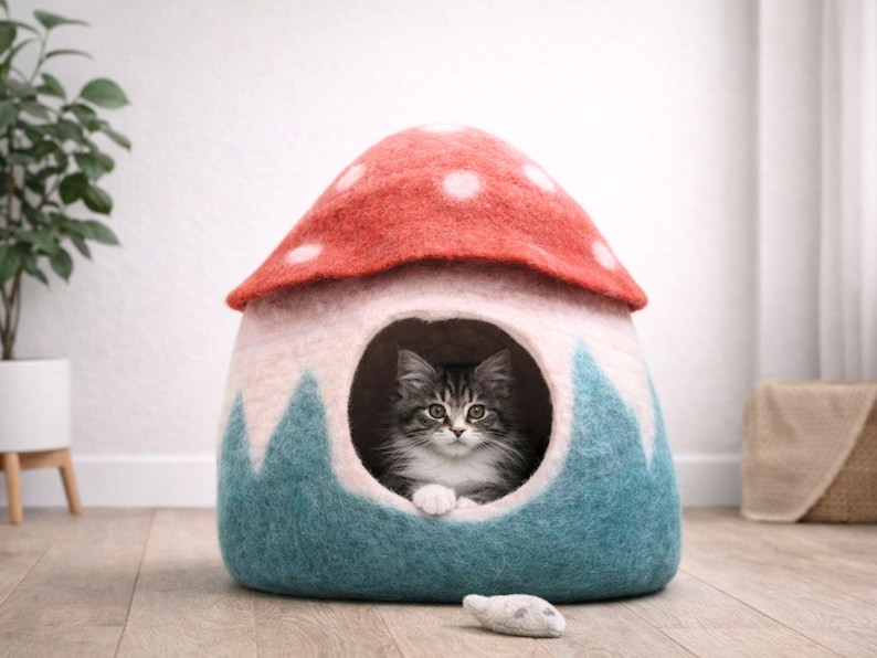 Felt Cat Cave -Woolen Pet Bed- Wool Pet Bed - Warm & Cozy Handmade Felt Cat House image 1
