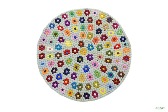Handmade Floral Wool Felt Ball Rug – Colorful Nursery Carpet