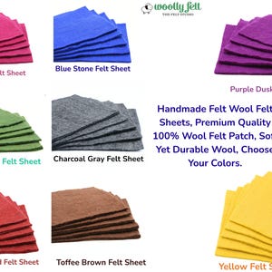 May include: A selection of felt sheets in a range of colours: deep rose, blue stone, purple dusk, forest green, charcoal grey, maroon red, toffee brown, and yellow. The image includes text that reads "Handmade Felt Wool Felt Sheets, Premium Quality".
