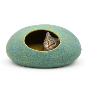 Cueva para gatos de fieltro de lana hecha a mano, cama para mascotas de dos colores