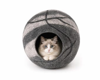 Round Wool Cat Bed - Felt Cat Cave - Soft & Cozy Nap Cocoon - Non-toxic, Non-Allergic, Premium Wool Cave - Gift