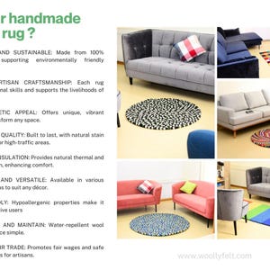 Puede incluir: Im&aacute;genes de alfombras hechas a mano con bolas de fieltro en varios colores y dise&ntilde;os, presentadas en diferentes entornos. Las alfombras son redondas y presentan dise&ntilde;os &uacute;nicos, con el texto "Why our handmade felt ball rug?"