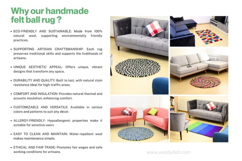 Puede incluir: Im&aacute;genes de alfombras hechas a mano con bolas de fieltro en varios colores y dise&ntilde;os, presentadas en diferentes entornos. Las alfombras son redondas y presentan dise&ntilde;os &uacute;nicos, con el texto "Why our handmade felt ball rug?"