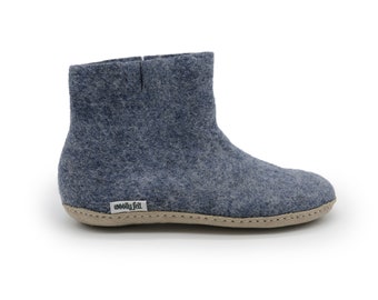 Felt Denim Booties - Wool Felt Low Boot - Wool Felted Warm Ankle Boot - House Slippers - Wool and Handmade - Ideal For Indoor Wear