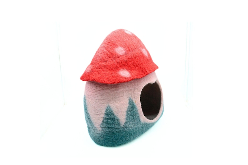 May include: A felt mushroom-shaped pet bed with a red top and white polka dots, a pink base, and a green felt trim. The bed has a round opening for a pet to enter.