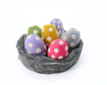 Juego de 10 huevos de Pascua de fieltro, cesta de Pascua, decoración de mesa, adornos navideños, juguetes para gatos de pura lana.