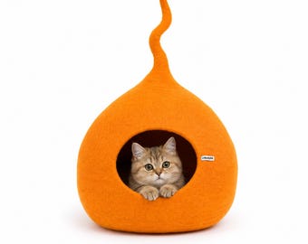 Handgemaakte wolvilt kattengrot – modern oranje huisdierbed