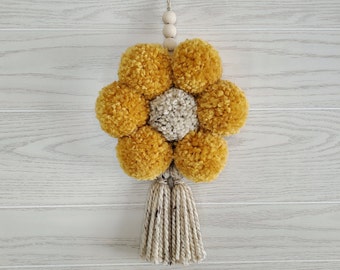 Boho flower nursery wall decor, daisy wall hanging, pom pom flowers, boho dorm,  girls room decor,  boho baby shower gifts, boho bridal gift