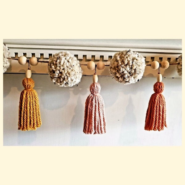 Boho pom pom garland, yarn tassel garland,  wood bead tassel garland, boho nursery decor neutral, pastel highchair banner,  cake smash props