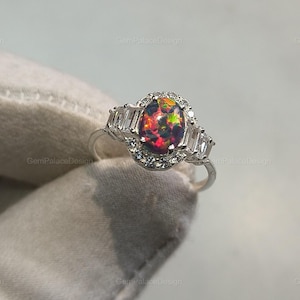 Vintage Rainbow Fire Opal Ring Art Deco 925 Sterling Silver Oval Ethiopian Opal Gemstone Ring Engagement Halo Statement Jewelry Gift for Her