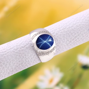 Blauwe Lindy ster saffier ring, bruiloft & verlovingsring, blauwe ster saffier ring, 925 sterling zilveren ring, bruids ring belofte ring