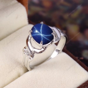 Natural Lindy Star Sapphire Ring Sterling Silver 925 6 Star Sapphire Ring for Women