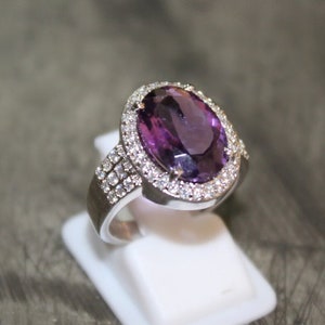Natural Amethyst And Cubic Zirconia Gemstone Ring 925 Solid Sterling Silver - jewelry Silver Ring Engagement ring Anniversary Gift For Her