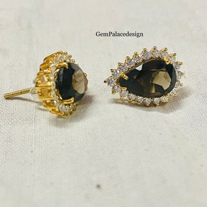 Natural Smoky Quartz Gemstone Stud 925 Sterling Silver - Moissanite Stud Engagement Stud Anniversary Gift For Her Wedding Stud