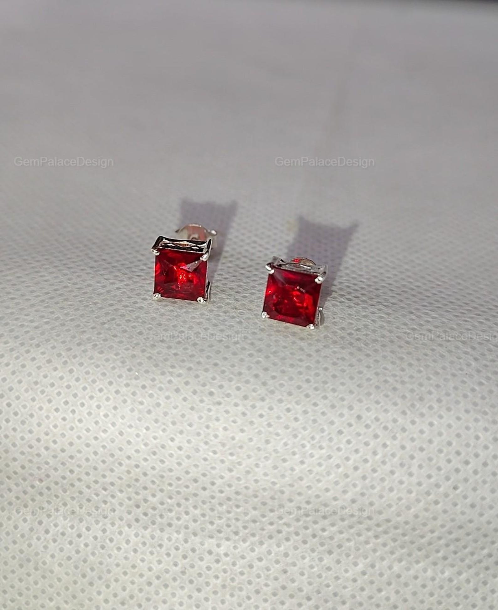 Square Red Ruby Stud Earrings 925 Sterling Silver Minimalist Jewelry, Everyday Gemstone Earrings, Gift for Her