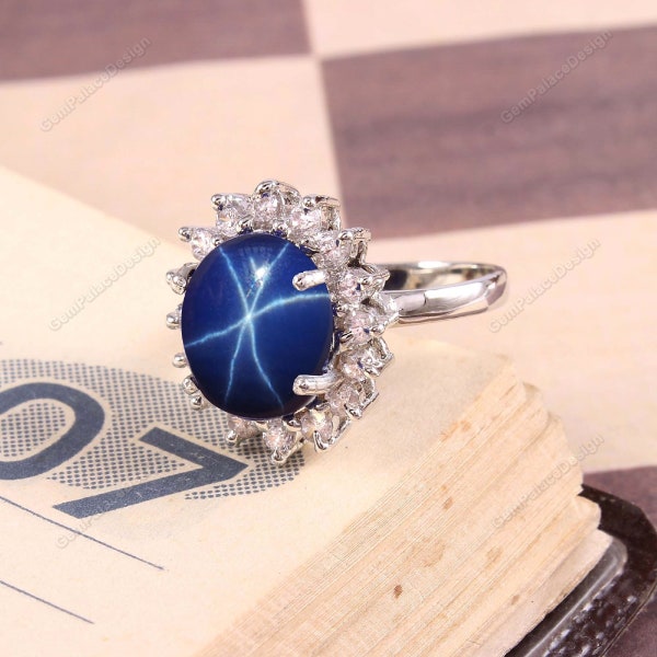 Bague saphir étoile bleue, saphir étoile Lindy rond, bague de promesse, pierre précieuse étoile, argento sterling 925, Noël