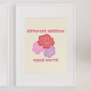 Different Abilities, Equal Worth Art Print | Disability awareness, equality, social justice, roses, graphic art, block print style