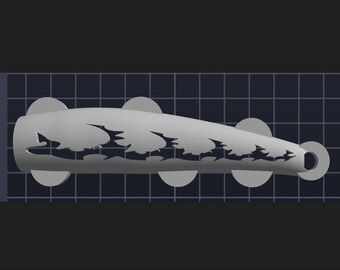 May include: A light gray, cylindrical object with a series of bat-shaped cutouts along its side. The object has a circular ring at one end and four circular protrusions along its length. The object is set against a dark background.