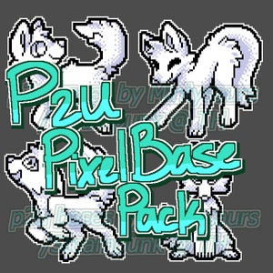 May include: A set of pixel art bases for creating furry characters. The bases are in a white colour and feature different poses, including standing, sitting, and running. The text "P2U Pixel Base Pack" is displayed in a teal and green colour scheme.