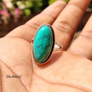 Handmade Sterling Silver Turquoise Ring: Oval Natural Gemstone Boho Statement Ring Jewelry Gift