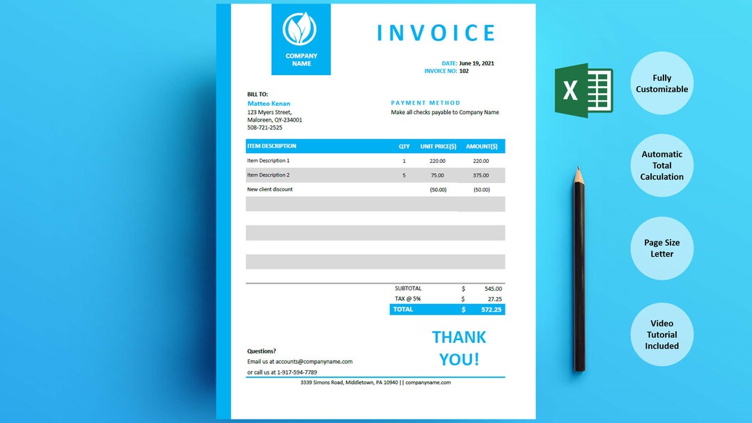Modern Excel Invoice Template in Blue Auto Calculate Total Instant ...