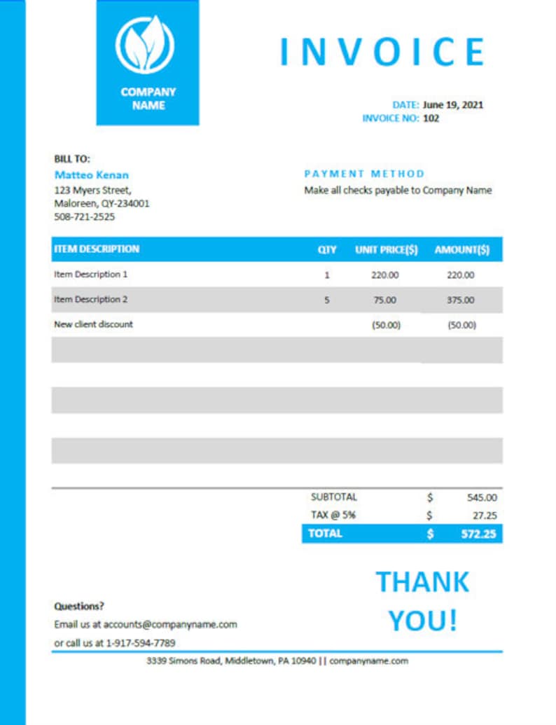 Modern Excel Invoice Template in Blue Auto Calculate Total Instant ...