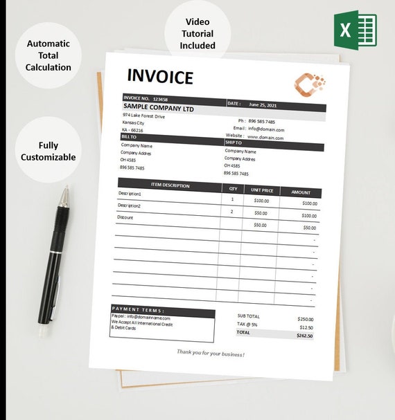 Excel Invoice Template Auto Calculate Total Instant | Etsy