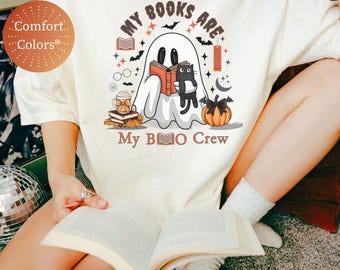 My Books Are My Boo Crew Comfort Colors PSL Tee, Halloween Ghost Tshirt, Spooky Season Cat Tee, Halloween Cute Women Outfit, Halloween Gift