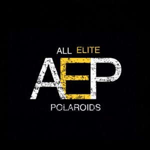 May include: A black and white logo with the text "ALL ELITE" above the letters "AEP" in white with a yellow "E". The text "POLAROIDS" is below the letters.
