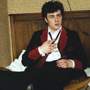 May include: A man wearing a black suit jacket with a red velvet collar and a white shirt. He is sitting on a bed with a white pillow and a brown blanket. His hands have red marks on them.