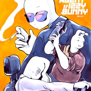 May include: Comic book cover art featuring anthropomorphic rabbits in a car. One rabbit smokes a cigarette, another holds a drink, and a third is slumped in the backseat. The title "AGENT 1224 BUNNY" is displayed.