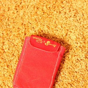 Pode incluir: Um estojo retangular vermelho com aba, sobre uma superf&iacute;cie texturizada amarelo-dourado. A aba apresenta o texto "Molly x Squeaky" em letras douradas. O estojo parece ser feito de um material macio.