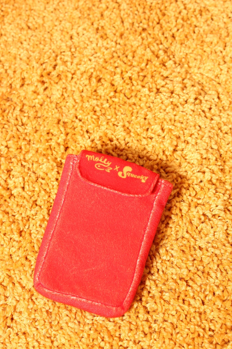 Pode incluir: Um estojo retangular vermelho com aba, sobre uma superf&iacute;cie texturizada amarelo-dourado. A aba apresenta o texto "Molly x Squeaky" em letras douradas. O estojo parece ser feito de um material macio.