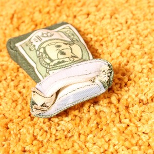 Pode incluir: Um brinquedo verde e branco para animais de estima&ccedil;&atilde;o em forma de nota de d&oacute;lar, com uma ilustra&ccedil;&atilde;o de um c&atilde;o de desenho animado. O brinquedo est&aacute; sobre uma superf&iacute;cie laranja texturizada. O brinquedo &eacute; feito de tecido e tem um interior branco.