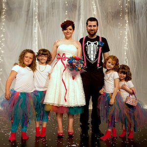 Miss Dulcie&#39;s Wedding Dress ~ Full vintage skirt lace bridal gown accented with bow applique ~ free rainbow petticoat