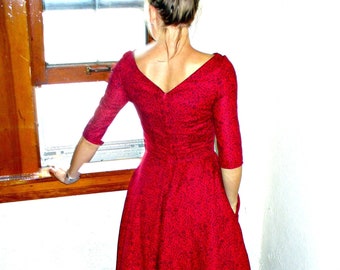 Vintage Reproduction Bridesmaid Dress ~ Boatneck dress with full circle skirt ~ sleeves and pockets and full petticoat