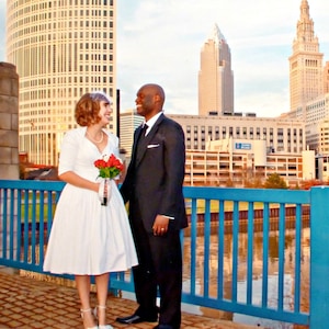 Miss Sarah&#39;s Vintage Wedding ensemble ~ surplice tea length gown with pockets ~ cropped Bolero ~ petticoat included
