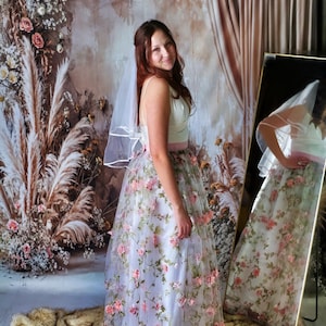 Ella Mae&#39;s Floral Wedding Dress 3 piece ensemble ~ sheer skirt covered in appliques paired with satin V-neck plunging neckline bodice