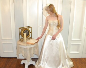 Morning Ivory Bridal Gown ~ Duchess satin skirt with lace trimmed brocade corset~ pockets and color options