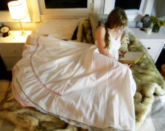 Maeve at Bedtime ~ Organic cotton nightdress with ruffled train ~ vintage lace and spaghetti strap shoulder ties ~ pockets