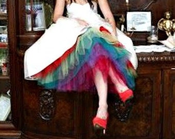 Miss Raina's layered rainbow petticoat ~ knee length ~ with tulle colors sewn stacked on top of one another