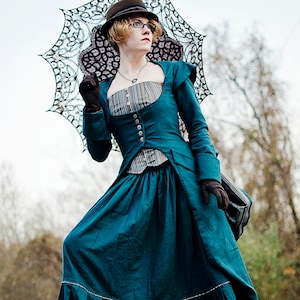 Gothic Lady Spy ~ Victorian Steampunk ensemble in linen or twill ~ skirt / bustier / corset coat