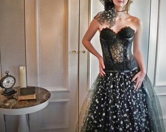 Miss Noir bridal ensemble ~ sheer lace corset with full petticoat and sheer polka dot overskirt ~ pockets and color options