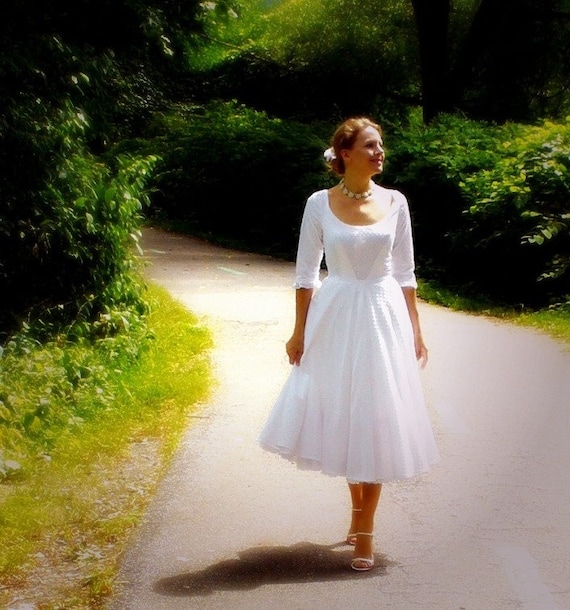 Miss Judith's Cotton Swiss Dot Garden Wedding Dress ~ Full Circle Skirt ~ Pockets ~ Sleeves ~ Deep Neckline and Built in Petticoat