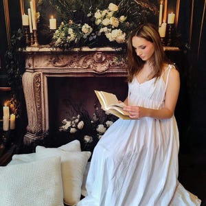 Maeve at Bedtime ~ Organic cotton nightdress with ruffled train ~ vintage lace and spaghetti strap shoulder ties ~ pockets