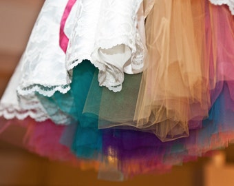 Miss Dulcie's rainbow petticoat ~ knee length ~ medium fullness tulle tutu petticoat with colors sewn in a row