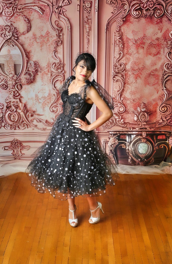 Miss Jazmine's Polka Dot Alternative Wedding Dress ~ 3 Pieces ~ Boned Corset with Shoulder Ties Tiered Mesh Tulle Skirt & Petticoat
